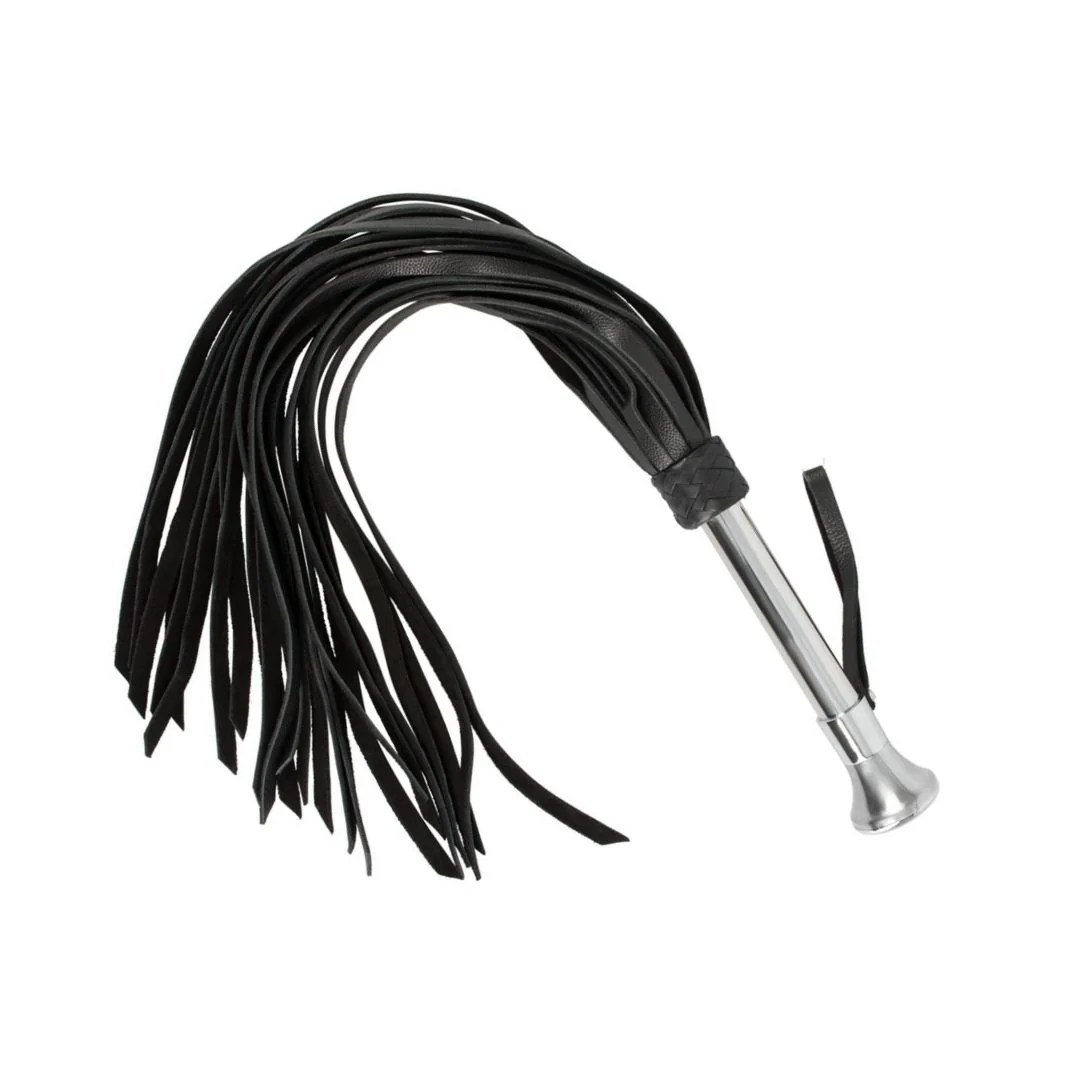 Peitsche mit Edelstahlgriff und breiten Lederriemen