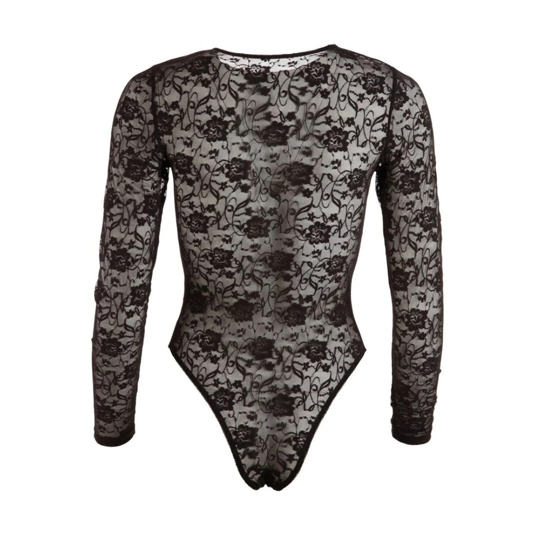 Langarm Spitzenbody mit Wetlook-Einsätzen, M - SALE