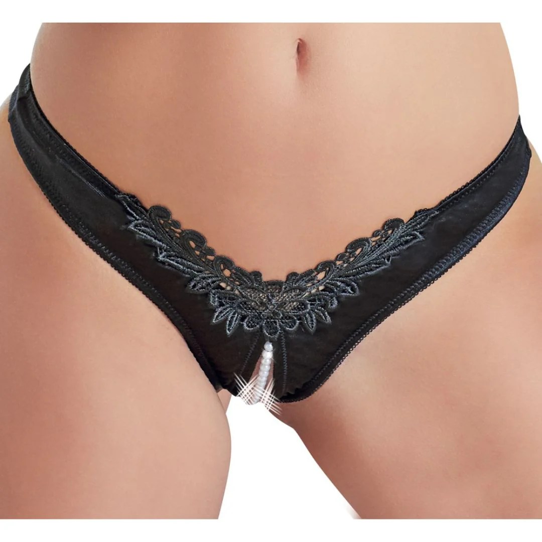 Slip ouvert mit Stickerei und Perlenkette im Schritt