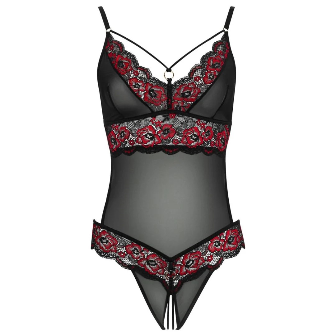 Body ouvert aus 2-farbiger floraler Spitze und Powernet