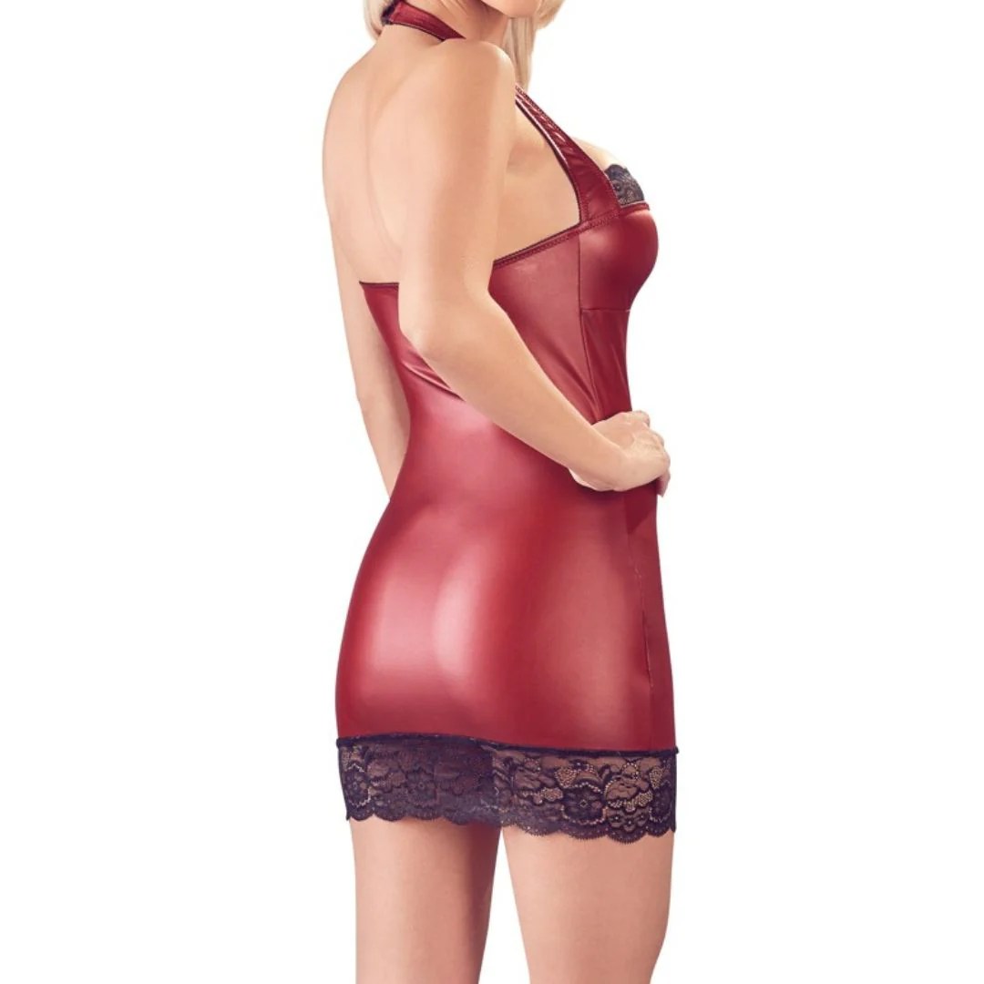 Neckholderkleid im Mattlook und Spitzeneinsätzen