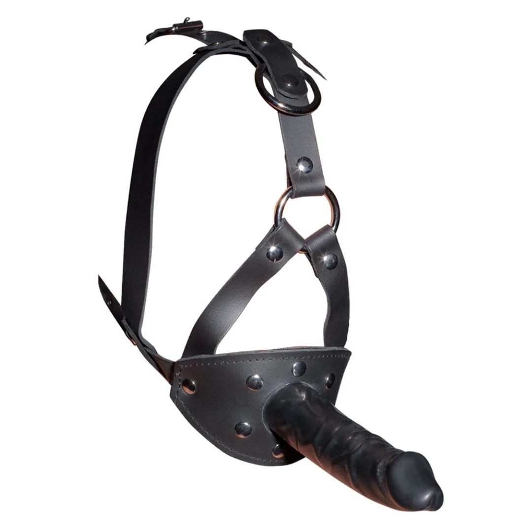 Leder Kopfgeschirr mit Latexdildo und Mundknebel