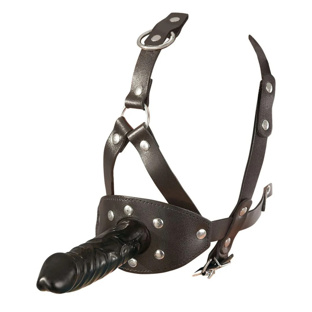Leder Kopfgeschirr mit Latexdildo und Mundknebel