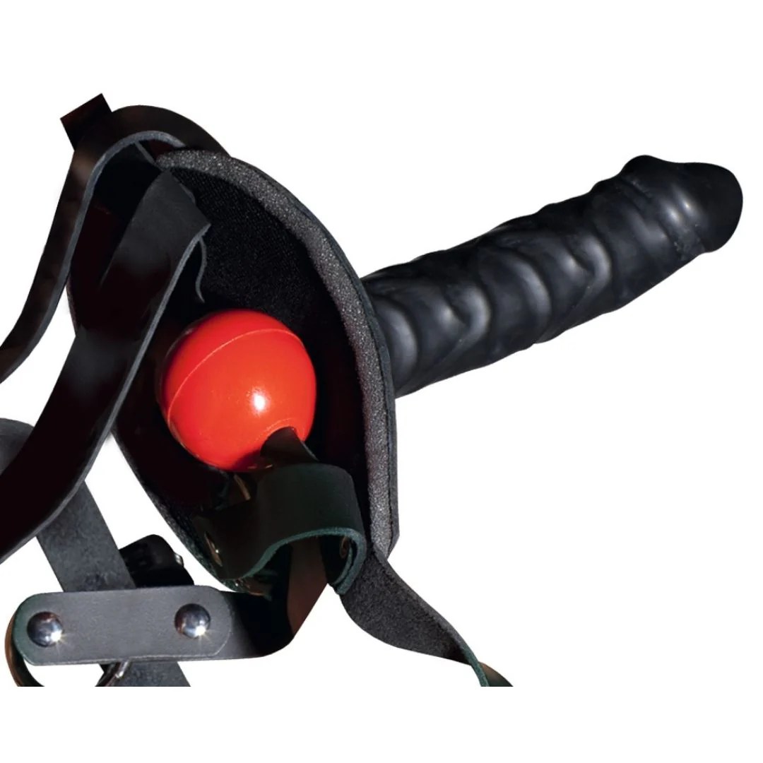 Leder Kopfgeschirr mit Latexdildo und Mundknebel