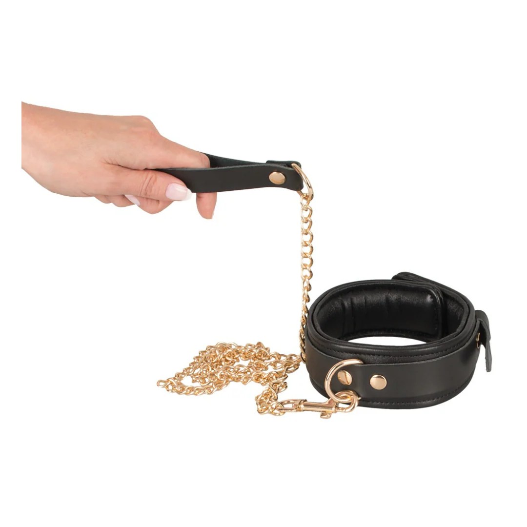 Halsfessel plus Leine aus Leder mit Gold-Details