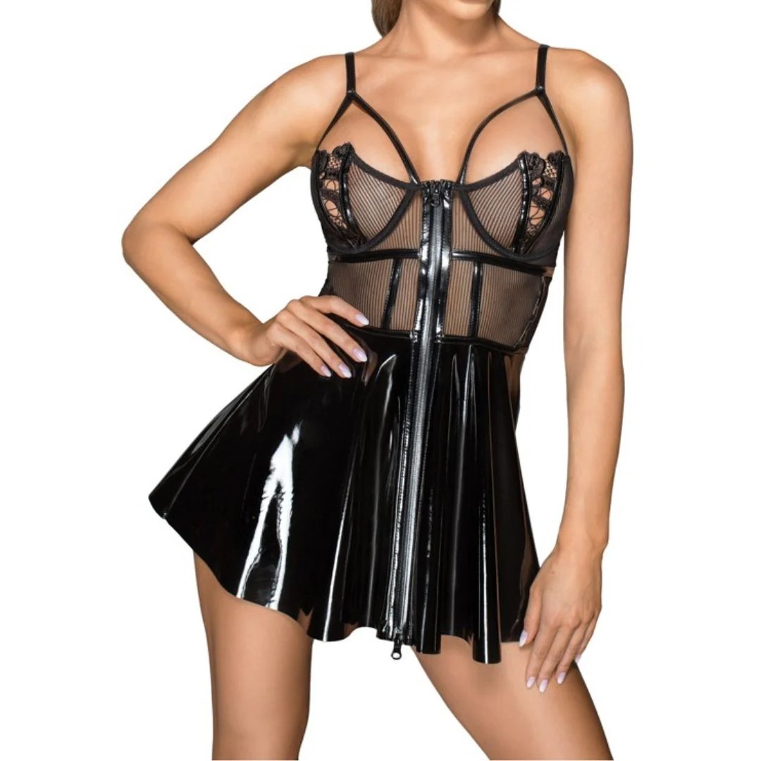 Bustierkleid aus gestreiftem Netzstoff und Lack