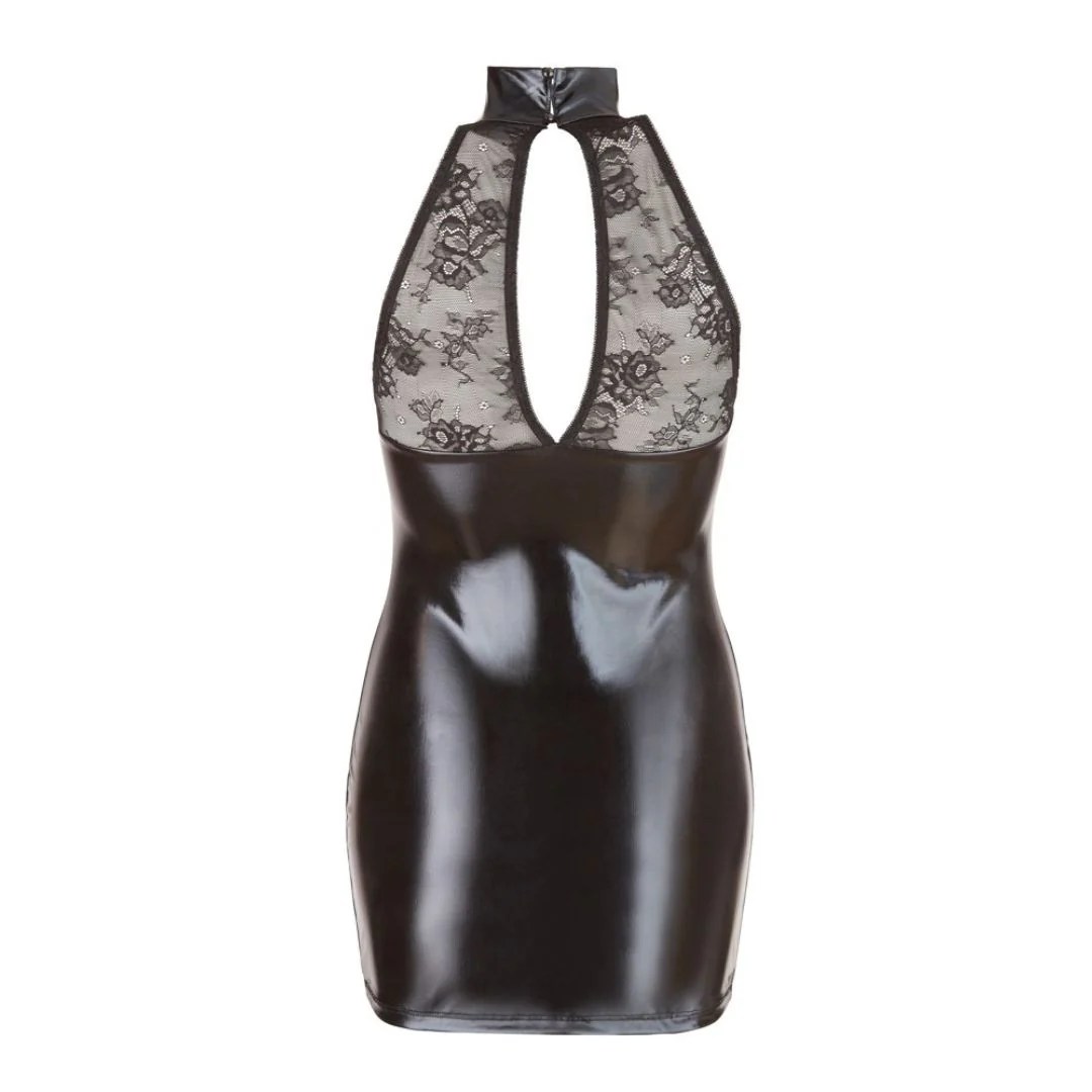 Kleid im Wetlook mit Spitzeneinsätzen und Stehkragen