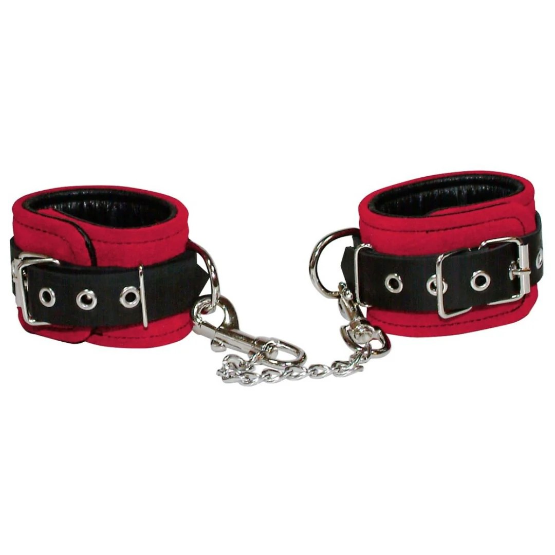 Handfessel aus rotem Veloursleder, mit abnehmbarer Kette