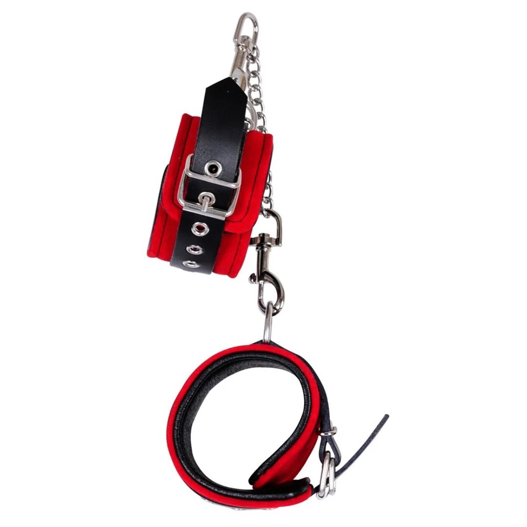 Handfessel aus rotem Veloursleder, mit abnehmbarer Kette