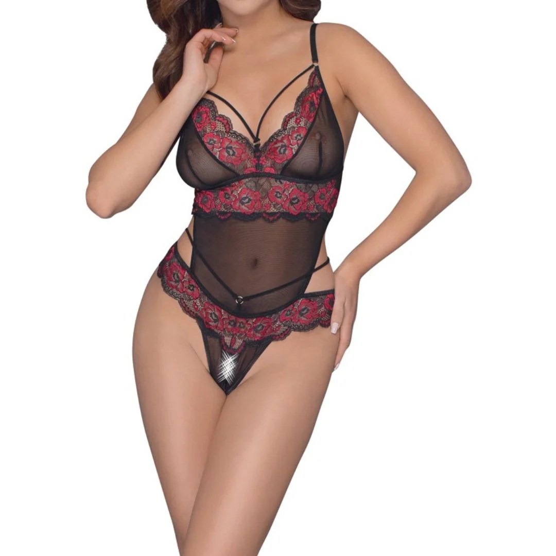 Body ouvert aus 2-farbiger floraler Spitze und Powernet