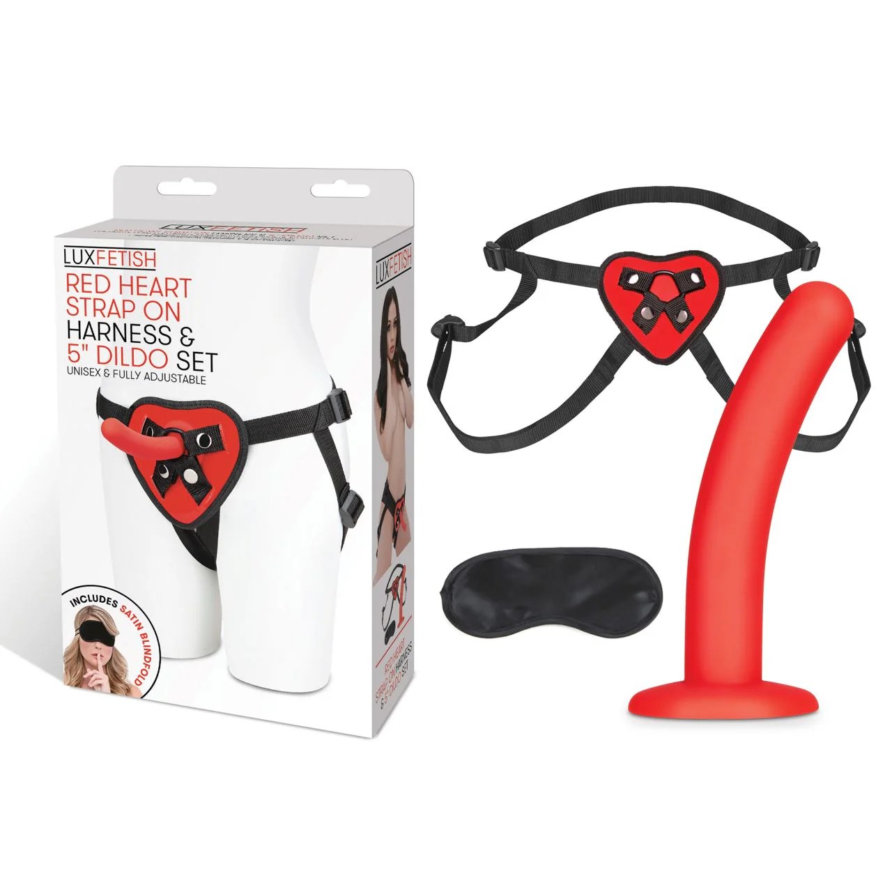 LUX FETISH Red Heart Strap on Harness & 5