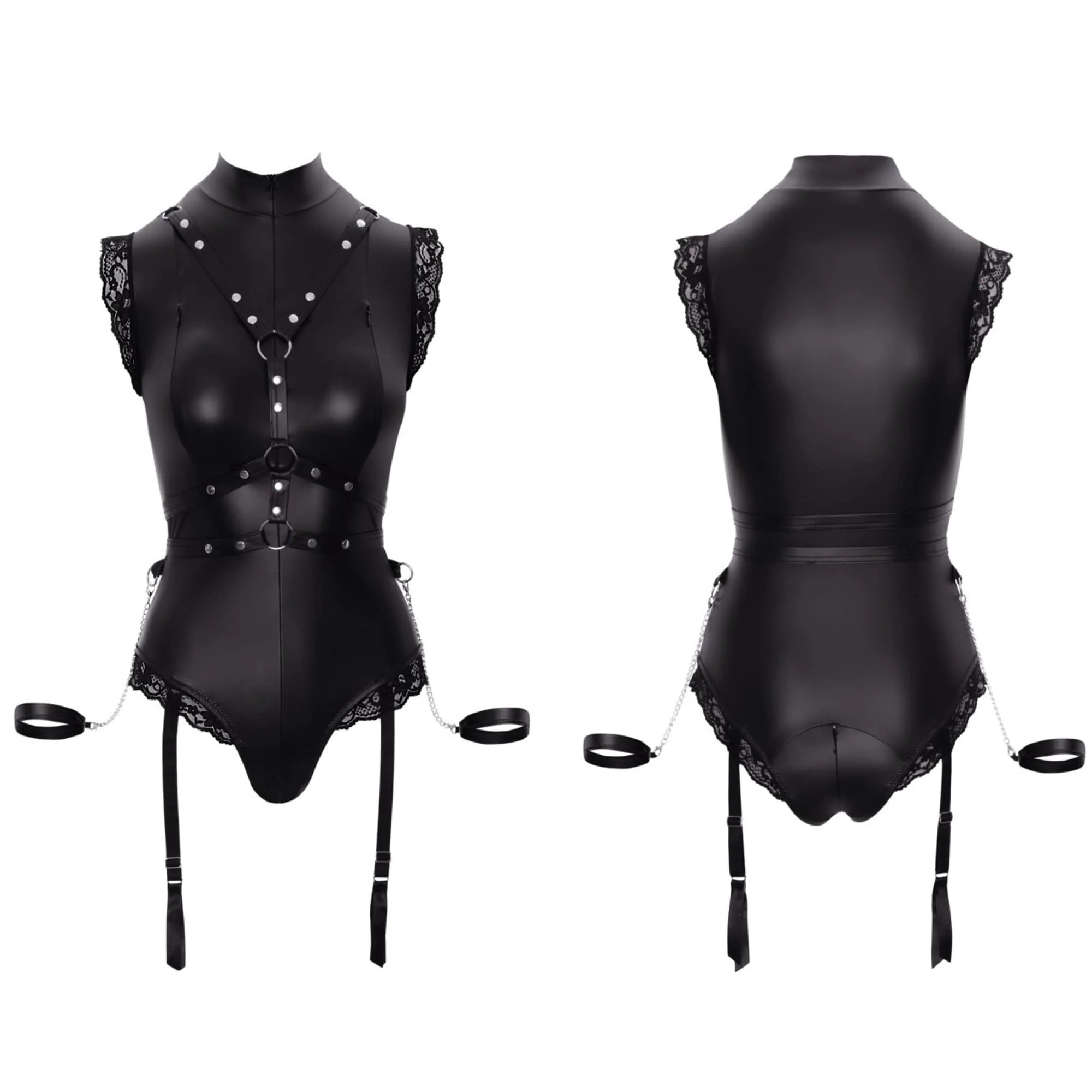 Body Ouvert mit nietenbesetztem Harness in Lederoptik
