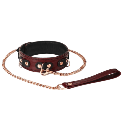 Wine Red – Leather Deluxe collar with chain, leash and lock Wine Red – Leather Deluxe collar with chain, leash and lock