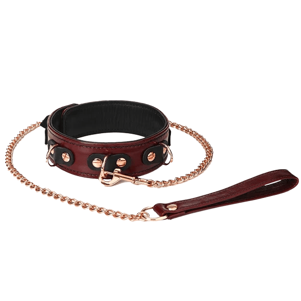 Wine Red – Leather Deluxe collar with chain, leash and lock