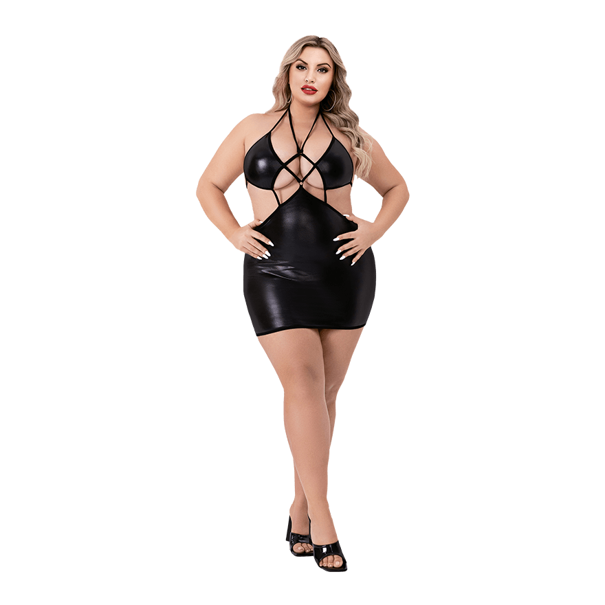 White Label - Criss Cross Wetlook Halter Mini Dress