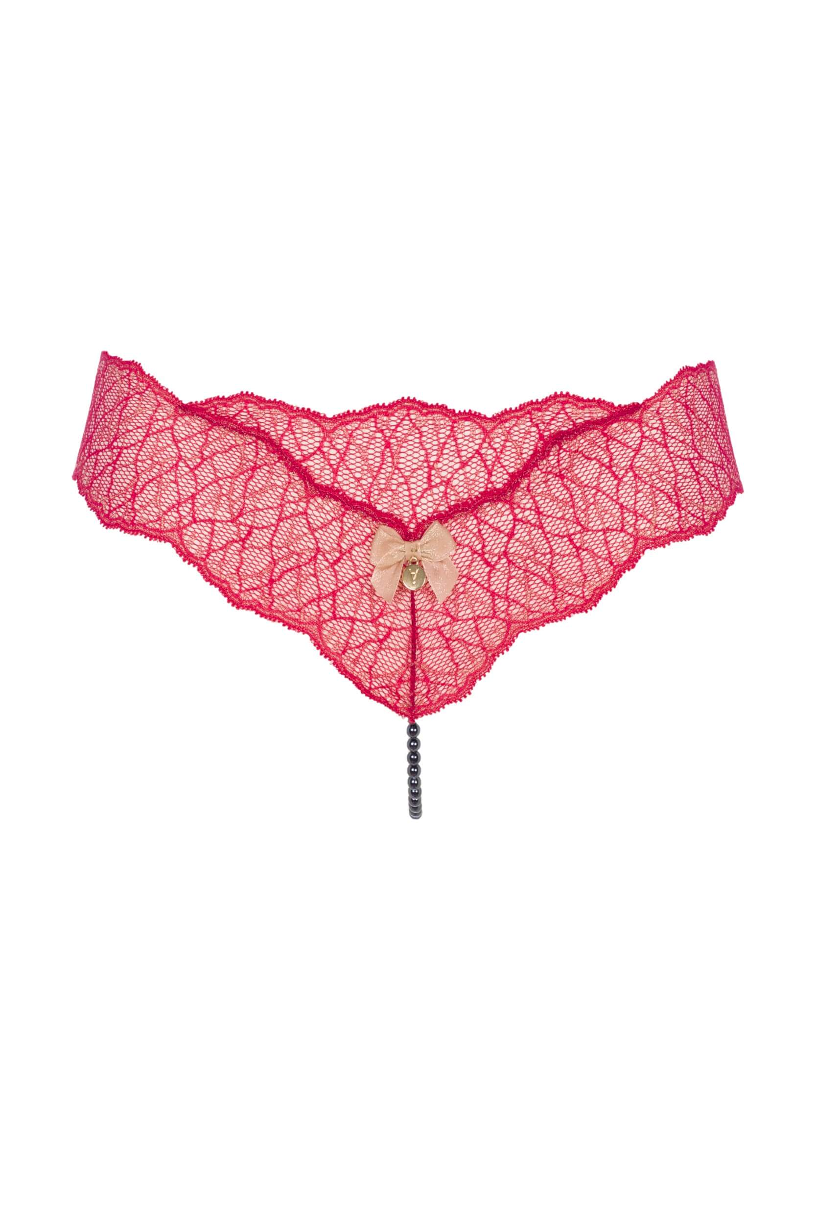 Bracli - Sydney Pearl String Rot - Luxus-Dessous mit schwarzen Perlen Größe L