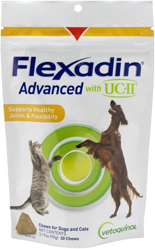 Vetoquinol Flexadin Advanced Dog Hip and Joint Supplement with UC-II Collagen, One Chew a Day Hip and Joint Support Chew for Dogs and Cats, Clinically Proven Vet-Approved Formula, 60 Chews Vetoquinol Flexadin Advanced Dog Hip and Joint Supplement with UC-II Collagen, One Chew a Day Hip and Joint Support Chew for Dogs and Cats, Clinically Proven Vet-Approved Formula, 60 Chews
