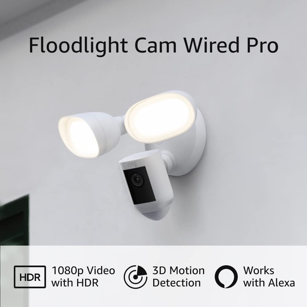 Ring Floodlight Cam Wired Pro with Bird’s Eye View and 3D Motion Detection, White Ring Floodlight Cam Wired Pro with Bird’s Eye View and 3D Motion Detection, White
