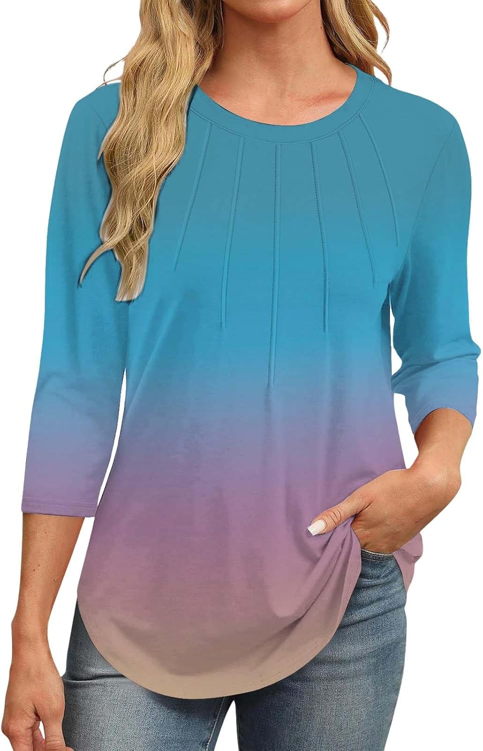 3/4 Length Sleeve Womens Tops Round Neck Pleated Tunic Shirt Loose Fit Comfortable Casual Wear for All Seasons 3/4 Length Sleeve Womens Tops Round Neck Pleated Tunic Shirt Loose Fit Comfortable Casual Wear for All Seasons