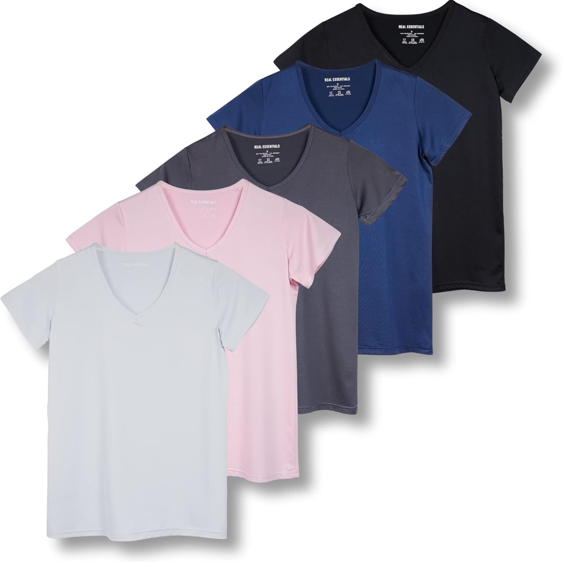 Real Essentials 5 Pack: Women’s Short Sleeve V-Neck Activewear T-Shirt Dry-Fit Wicking Yoga Top (Available in Plus) Real Essentials 5 Pack: Women’s Short Sleeve V-Neck Activewear T-Shirt Dry-Fit Wicking Yoga Top (Available in Plus)