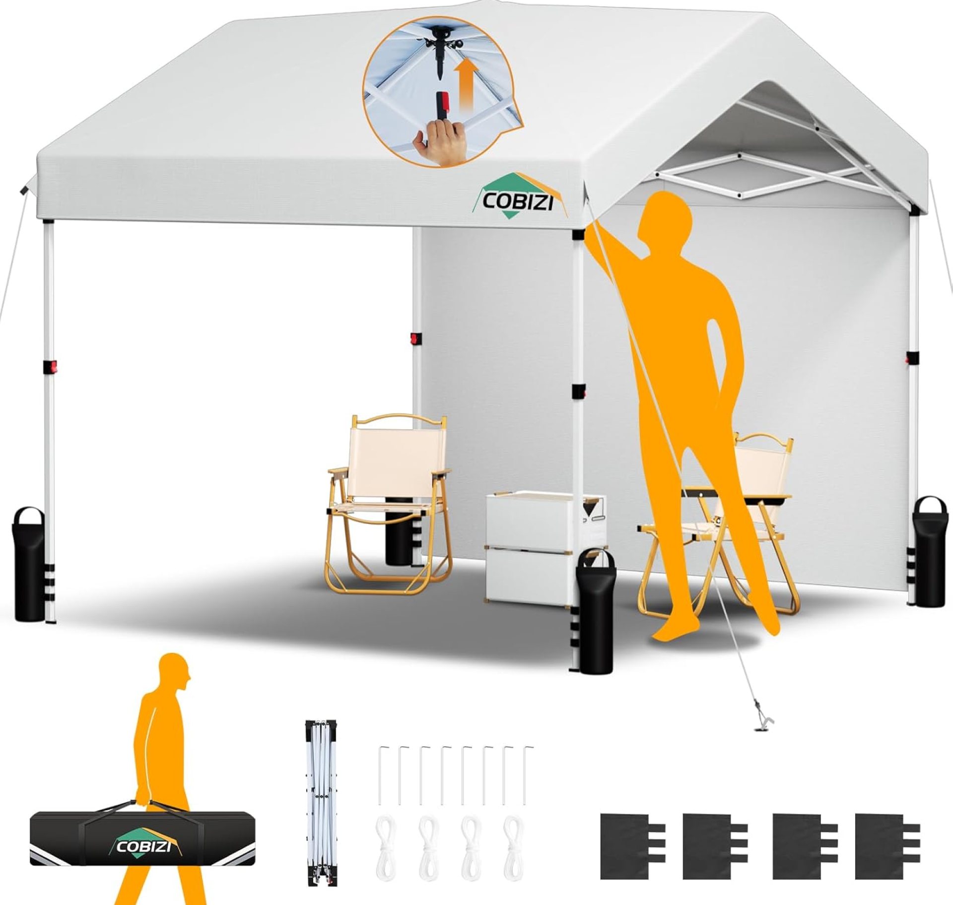 COBIZI Canopy Tent 10×10 Pop Up Canopy with One Button Push Center Lock,Outdoor Canopy with 1 sidewall, Pop up Tent for Parties, Commercial, Events,Portable Sun Shelter, Waterproof, UPF 50+, White COBIZI Canopy Tent 10×10 Pop Up Canopy with One Button Push Center Lock,Outdoor Canopy with 1 sidewall, Pop up Tent for Parties, Commercial, Events,Portable Sun Shelter, Waterproof, UPF 50+, White
