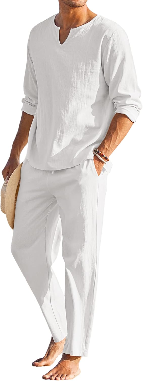 COOFANDY Men’s 2 Pieces Cotton Linen Set Henley Shirt Long Sleeve and Casual Beach Pants Summer Yoga Outfits COOFANDY Men’s 2 Pieces Cotton Linen Set Henley Shirt Long Sleeve and Casual Beach Pants Summer Yoga Outfits