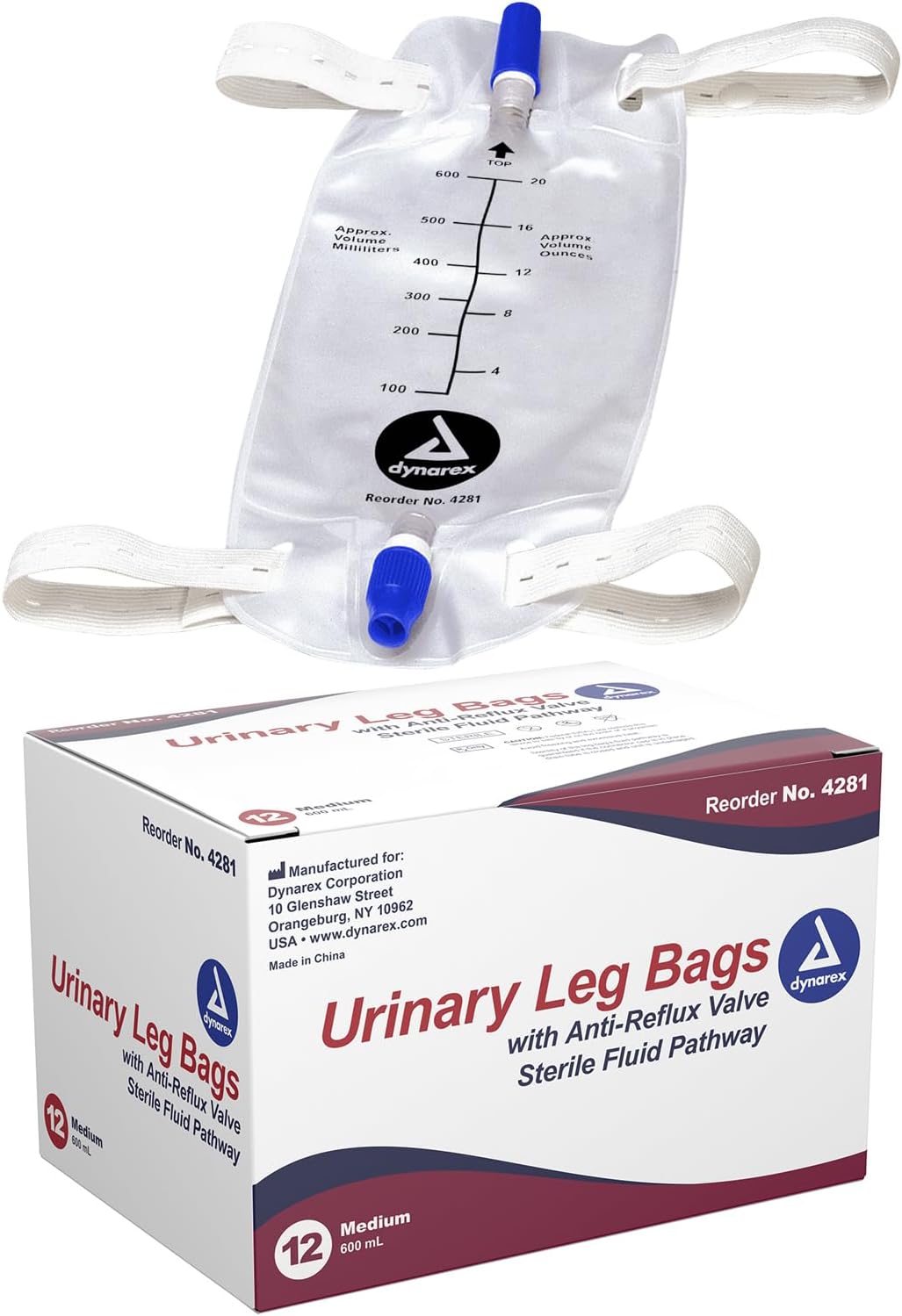 Dynarex Urinary Leg Bag, for Use with Catheter, has a Non-Drip Closure & Anti-Reflux Valve, 600 ml/20 oz Capacity, Medium, White, 1 Box of 12 Leg Bags Dynarex Urinary Leg Bag, for Use with Catheter, has a Non-Drip Closure & Anti-Reflux Valve, 600 ml/20 oz Capacity, Medium, White, 1 Box of 12 Leg Bags