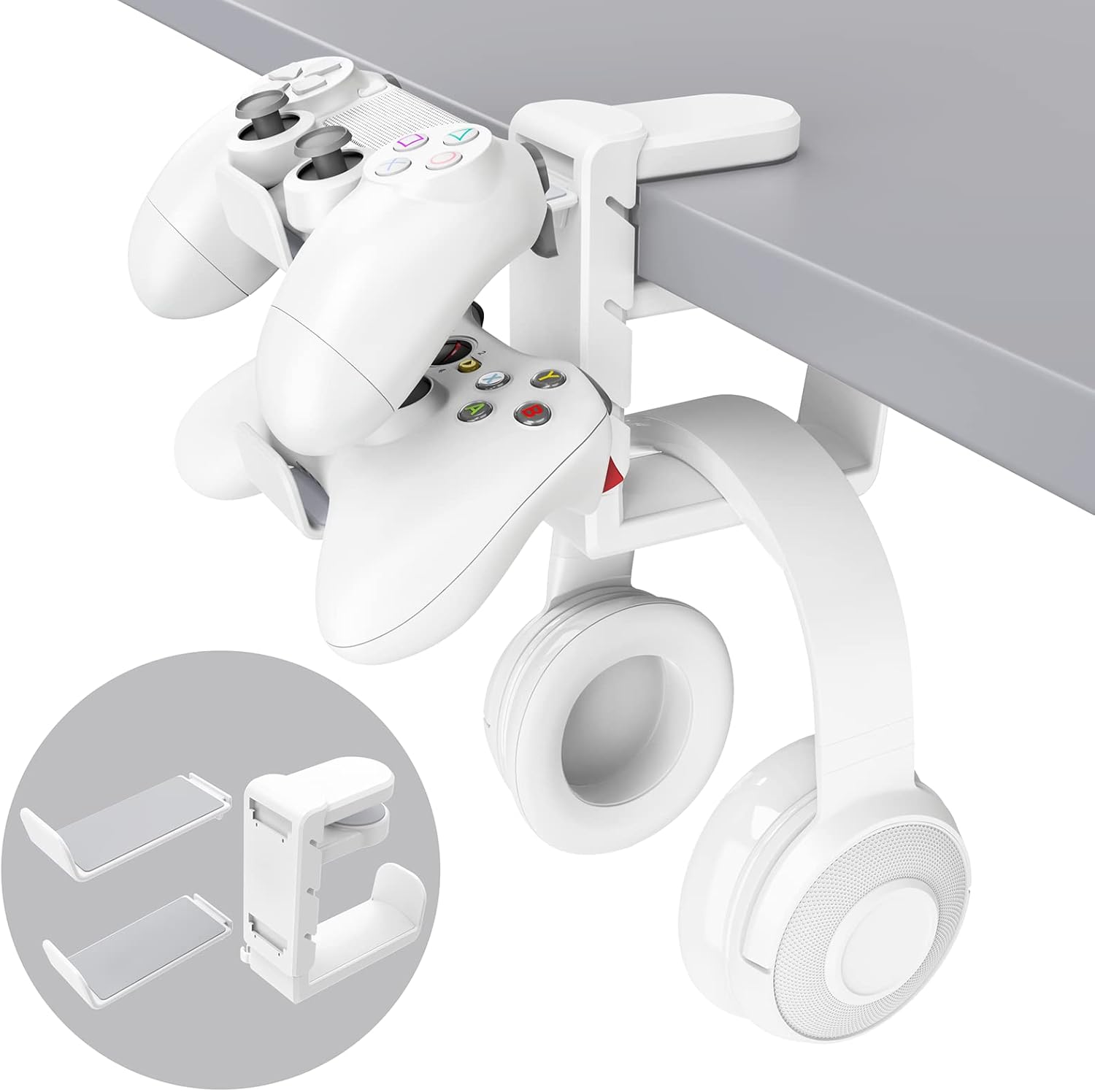 3-in-1 PC Gaming Headset&Controller Holder – EURPMASK Headphone Stand w/Adjustable Clamp&2 Controller Holder&Rotating Arm&Cable Organizer, Universal PC Gaming Accessory Controller Headset Stand-White 3-in-1 PC Gaming Headset&Controller Holder – EURPMASK Headphone Stand w/Adjustable Clamp&2 Controller Holder&Rotating Arm&Cable Organizer, Universal PC Gaming Accessory Controller Headset Stand-White