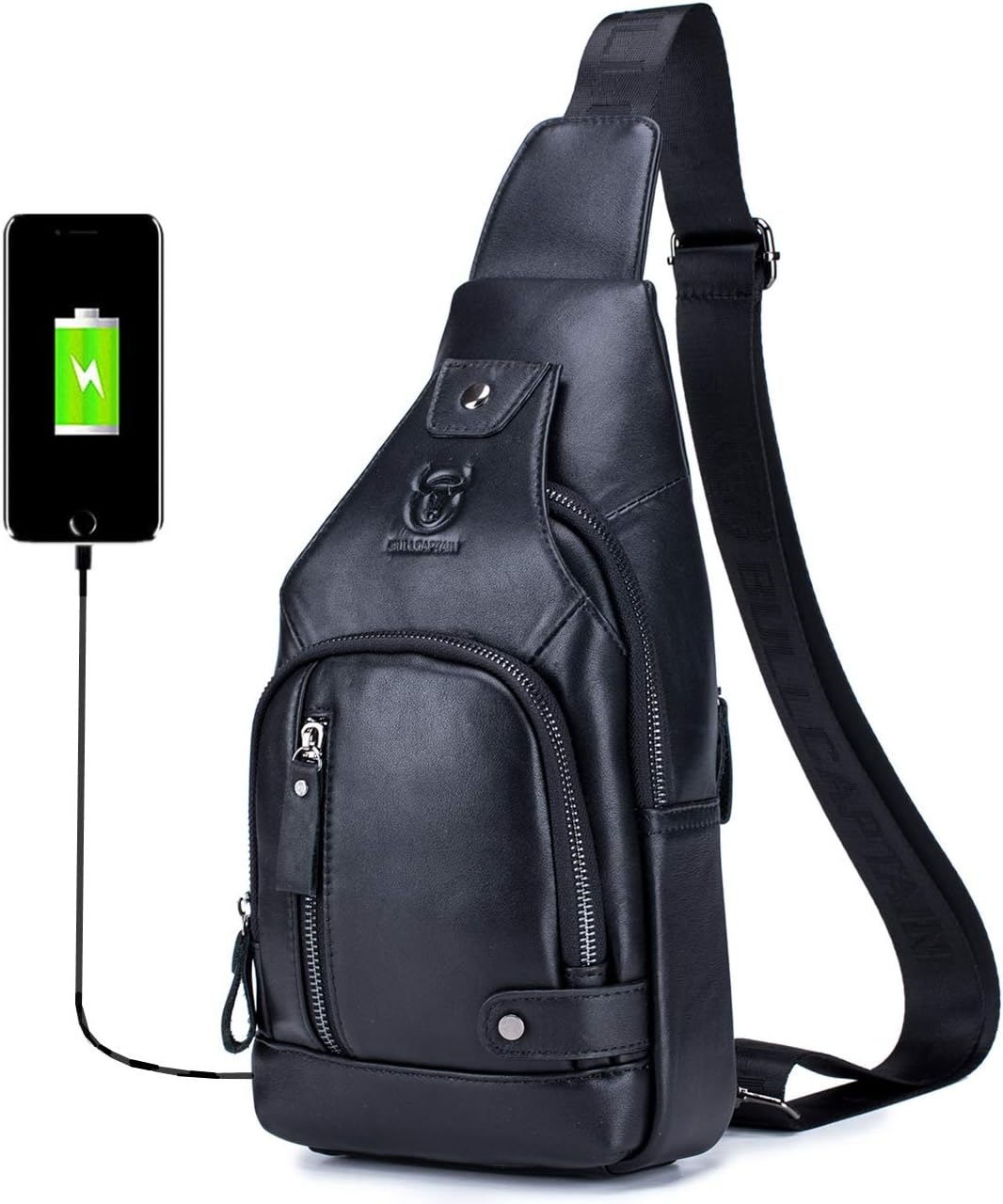 BULLCAPTAIN Genuine Leather Sling Bag with USB Charging Port Multi-pocket Chest Bag for Men Hiking Travel Daypack XB-129 BULLCAPTAIN Genuine Leather Sling Bag with USB Charging Port Multi-pocket Chest Bag for Men Hiking Travel Daypack XB-129