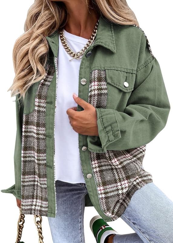 SHEWIN Women’s Oversized Denim Jacket Casual Long Sleeve Button Down Plaid Shacket Boyfriend Jean Jacket With Pockets SHEWIN Women’s Oversized Denim Jacket Casual Long Sleeve Button Down Plaid Shacket Boyfriend Jean Jacket With Pockets