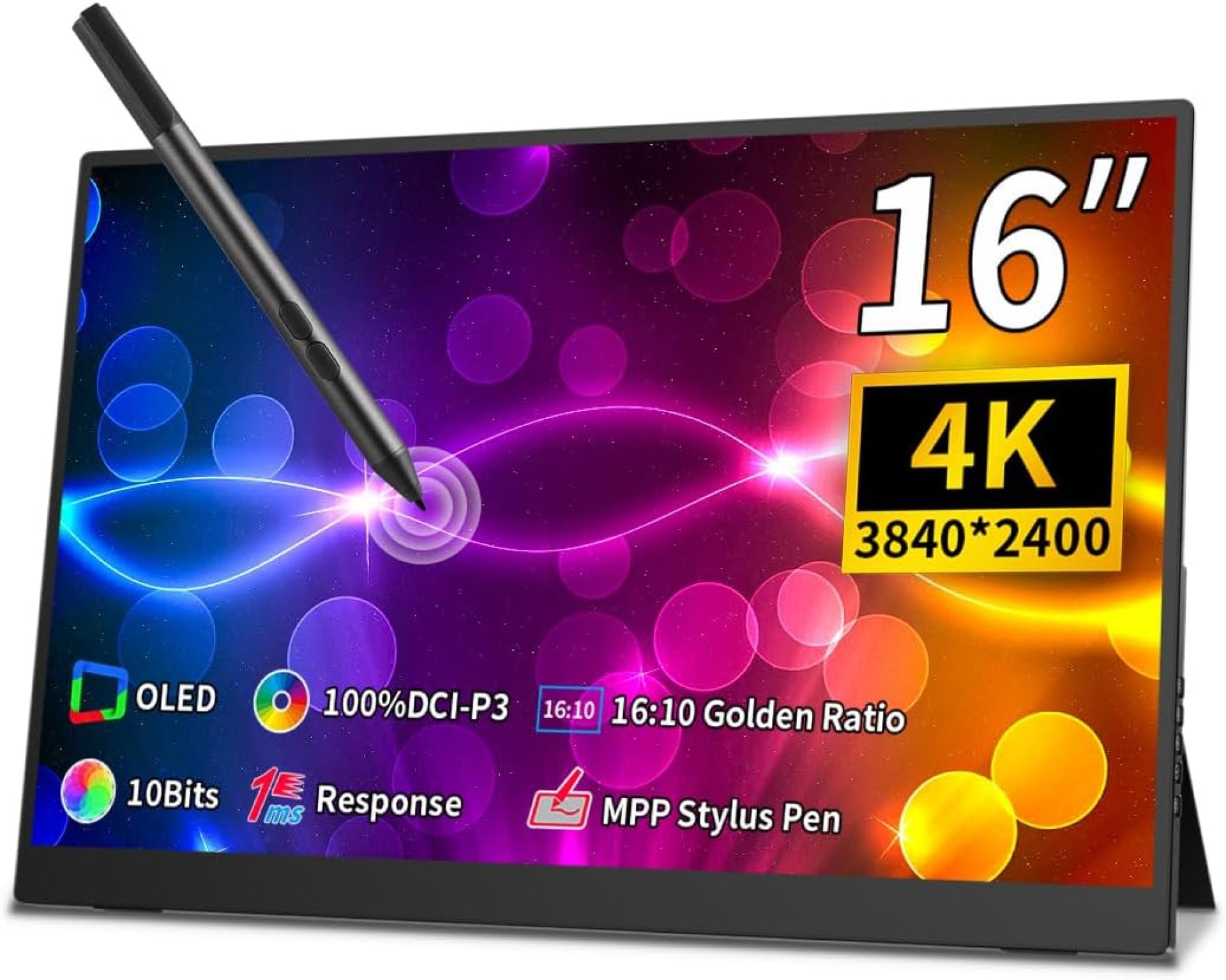 16 inch 4k OLED Touchscreen Portable Monitor, 3840 x 2400 100% P3 Portable Display MPP Stylus Pen Compatibility 1MS Eye Care PC Monitor for Laptop,Mac NUC Mini PC,VESA & Integrated Stand 16 inch 4k OLED Touchscreen Portable Monitor, 3840 x 2400 100% P3 Portable Display MPP Stylus Pen Compatibility 1MS Eye Care PC Monitor for Laptop,Mac NUC Mini PC,VESA & Integrated Stand
