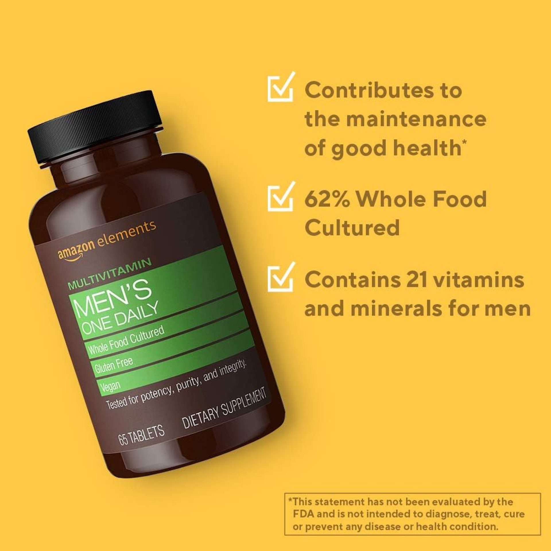 Amazon Elements Men’s One Daily Multivitamin, 62% Whole Food Cultured, Vegan, 65 Tablets, 2 Month Supply (Packaging May Vary) (Pack of 2) Amazon Elements Men’s One Daily Multivitamin, 62% Whole Food Cultured, Vegan, 65 Tablets, 2 Month Supply (Packaging May Vary) (Pack of 2)