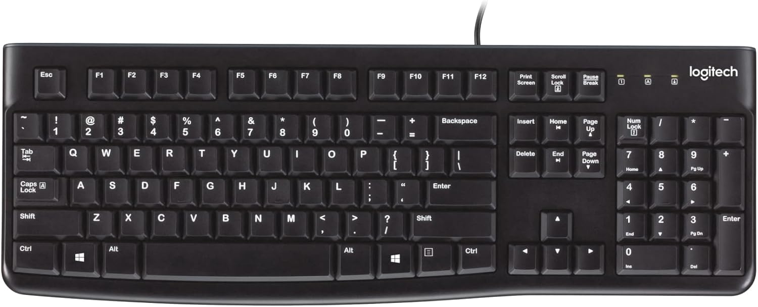 Logitech K120 Wired Keyboard for Windows, Plug and Play, Full-Size, Spill-Resistant, Curved Space Bar, Compatible with PC, Laptop – Black Logitech K120 Wired Keyboard for Windows, Plug and Play, Full-Size, Spill-Resistant, Curved Space Bar, Compatible with PC, Laptop – Black