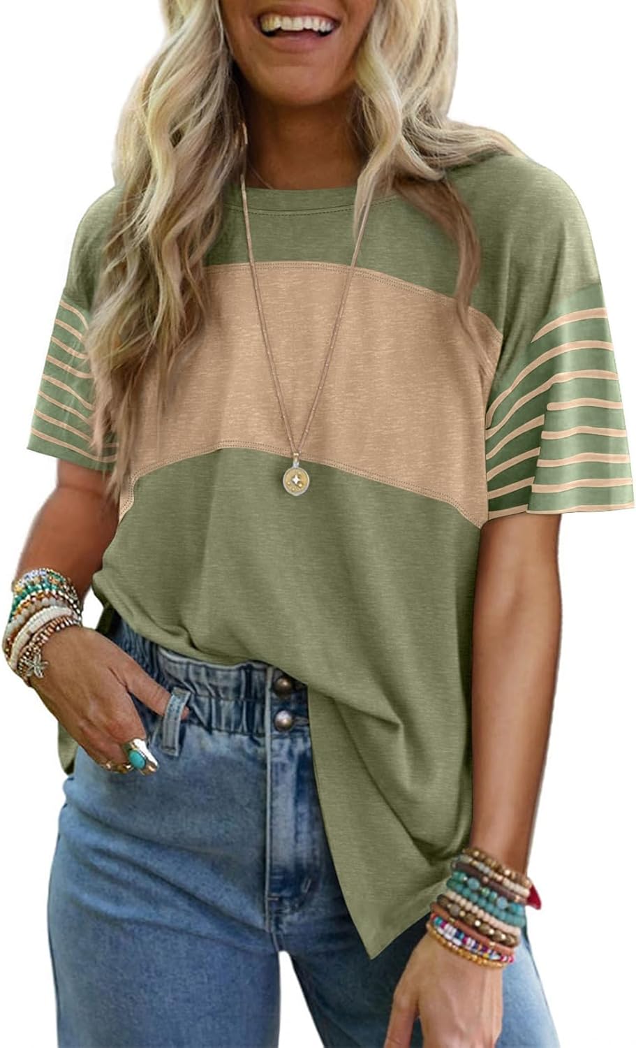 Dokotoo Short Sleeve Summer Tops Oversized 2025 Trendy Crew Neck Casual Color Block Womens Shirts Blouses Dokotoo Short Sleeve Summer Tops Oversized 2025 Trendy Crew Neck Casual Color Block Womens Shirts Blouses
