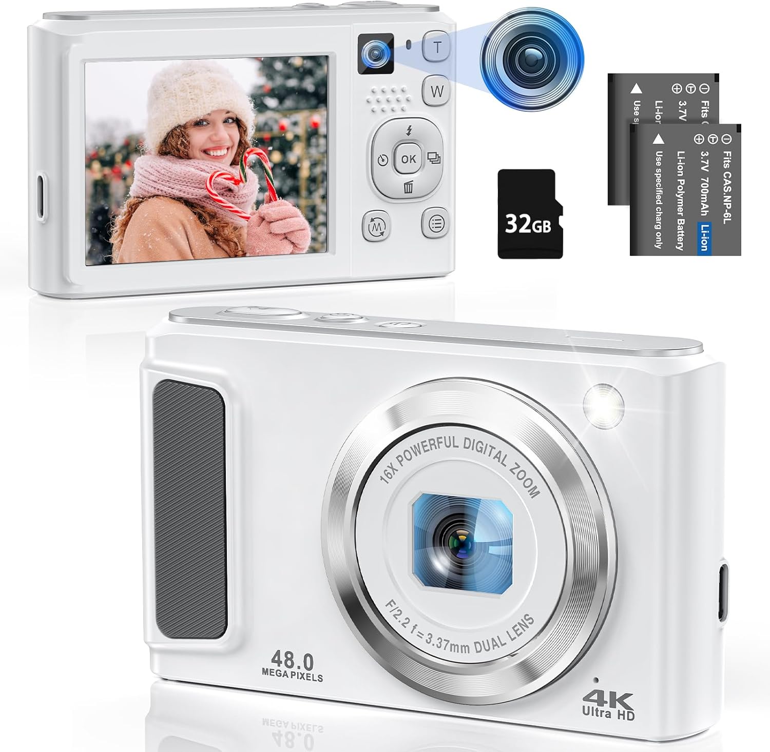 4K Digital Camera for Photography with Front and Rear Lens,48MP Autofocus Vlogging Camera with Flash,Anti-Shake, Compact Point and Shoot Camera for Teens Boys Girls, White 4K Digital Camera for Photography with Front and Rear Lens,48MP Autofocus Vlogging Camera with Flash,Anti-Shake, Compact Point and Shoot Camera for Teens Boys Girls, White