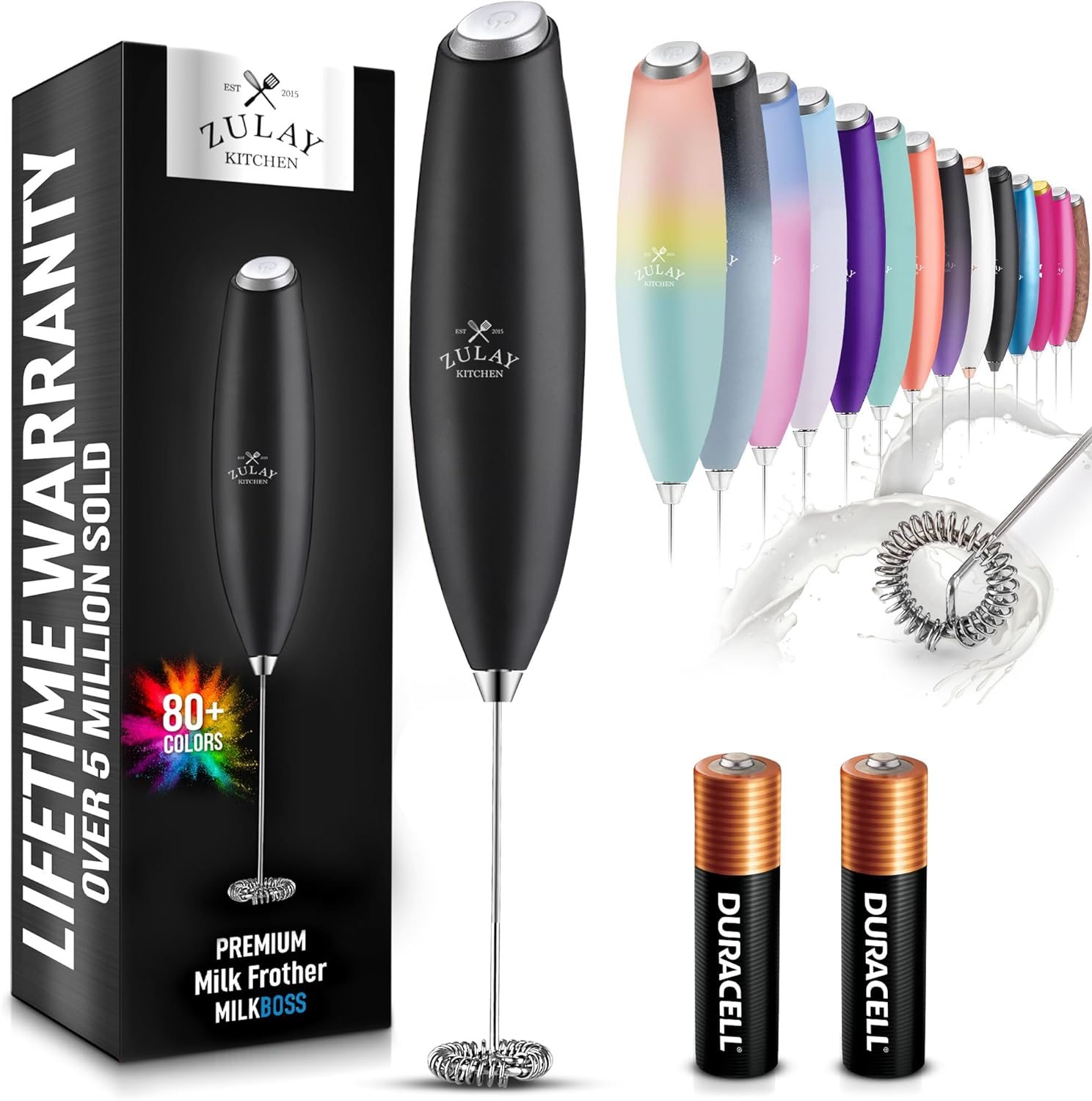 Zulay Kitchen Milk Frother Wand Drink Mixer with AA Duracell Batteries- Durable Handheld Milk Frother Electric Whisk – Easy-Clean Milk Frother Wand & Mini Blender – Electric Coffee Frother – Black Zulay Kitchen Milk Frother Wand Drink Mixer with AA Duracell Batteries- Durable Handheld Milk Frother Electric Whisk – Easy-Clean Milk Frother Wand & Mini Blender – Electric Coffee Frother – Black