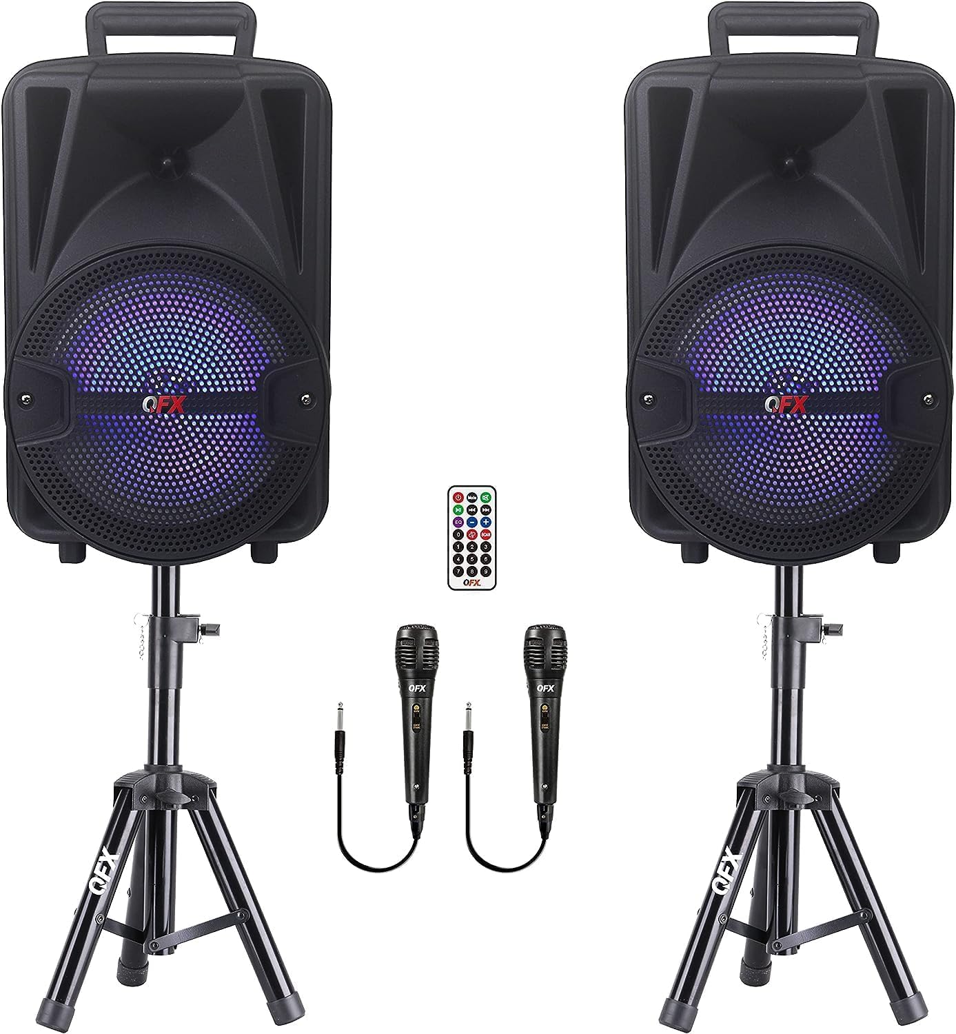 QFX PBX-800TWS 8-Inch TWS Bluetooth Stereo PA System with 2 8″ Speakers, 2 Microphones, 2 Stands, and a Remote Control QFX PBX-800TWS 8-Inch TWS Bluetooth Stereo PA System with 2 8″ Speakers, 2 Microphones, 2 Stands, and a Remote Control