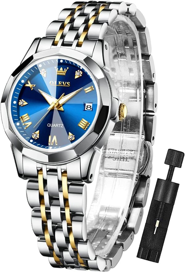 OLEVS Womens Watch Fashion Dress Diamond Female Watches for Ladies Analog Quartz Stainless Steel Waterproof Luminous Day Date Two Tone Wristwatch