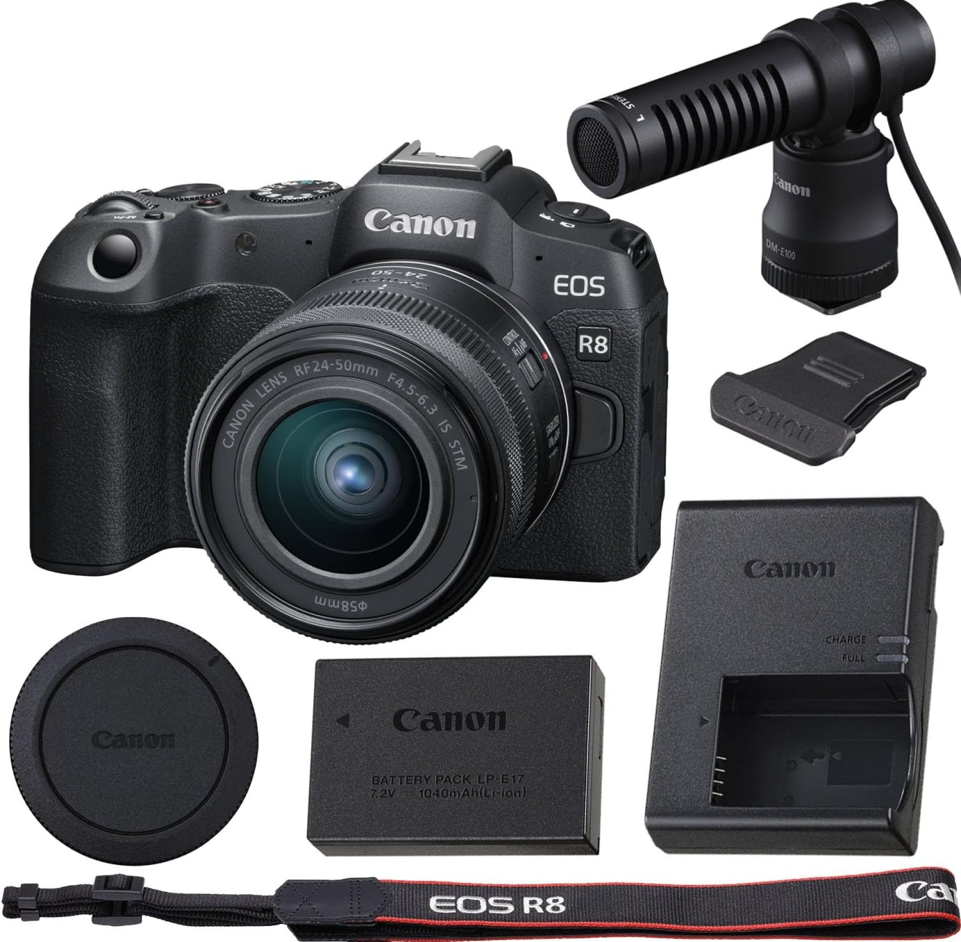 Canon EOS R8 Mirrorless Camera with Canon RF 24-50mm f/4.5-6.3 is STM Lens (Canon RF) and Canon DM-E100 Directional Microphone with Windscreen Kit., Black Canon EOS R8 Mirrorless Camera with Canon RF 24-50mm f/4.5-6.3 is STM Lens (Canon RF) and Canon DM-E100 Directional Microphone with Windscreen Kit., Black