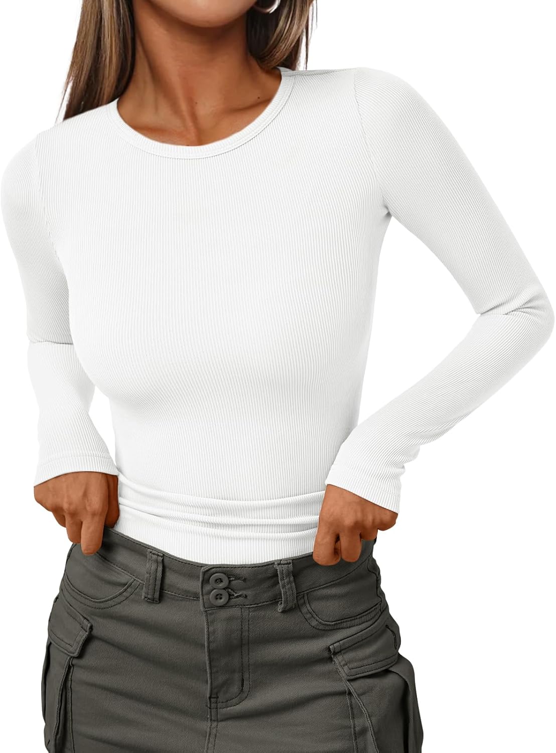 AUTOMET Womens Ribbed Shirts Crewneck Fitted Tops Casual Underscrubs Layer Slim Basic T-Shirts AUTOMET Womens Ribbed Shirts Crewneck Fitted Tops Casual Underscrubs Layer Slim Basic T-Shirts