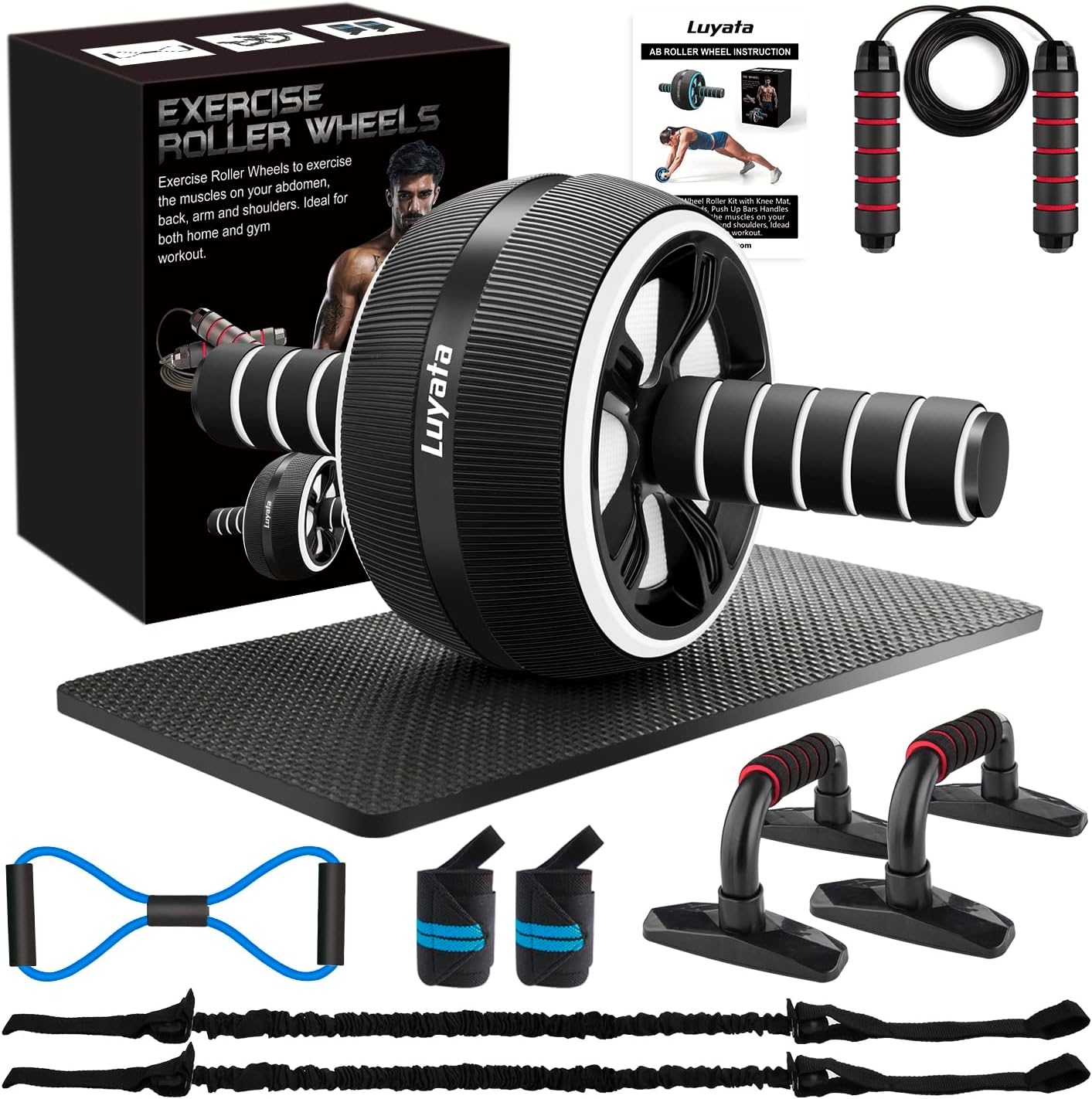 Ab Roller Wheel, 10-In-1 Ab Exercise Wheels Kit with Resistance Bands, Knee Mat, Jump Rope, Push-Up Bar – Home Gym Equipment for Men Women Core Strength & Abdominal Exercise Ab Roller Wheel, 10-In-1 Ab Exercise Wheels Kit with Resistance Bands, Knee Mat, Jump Rope, Push-Up Bar – Home Gym Equipment for Men Women Core Strength & Abdominal Exercise