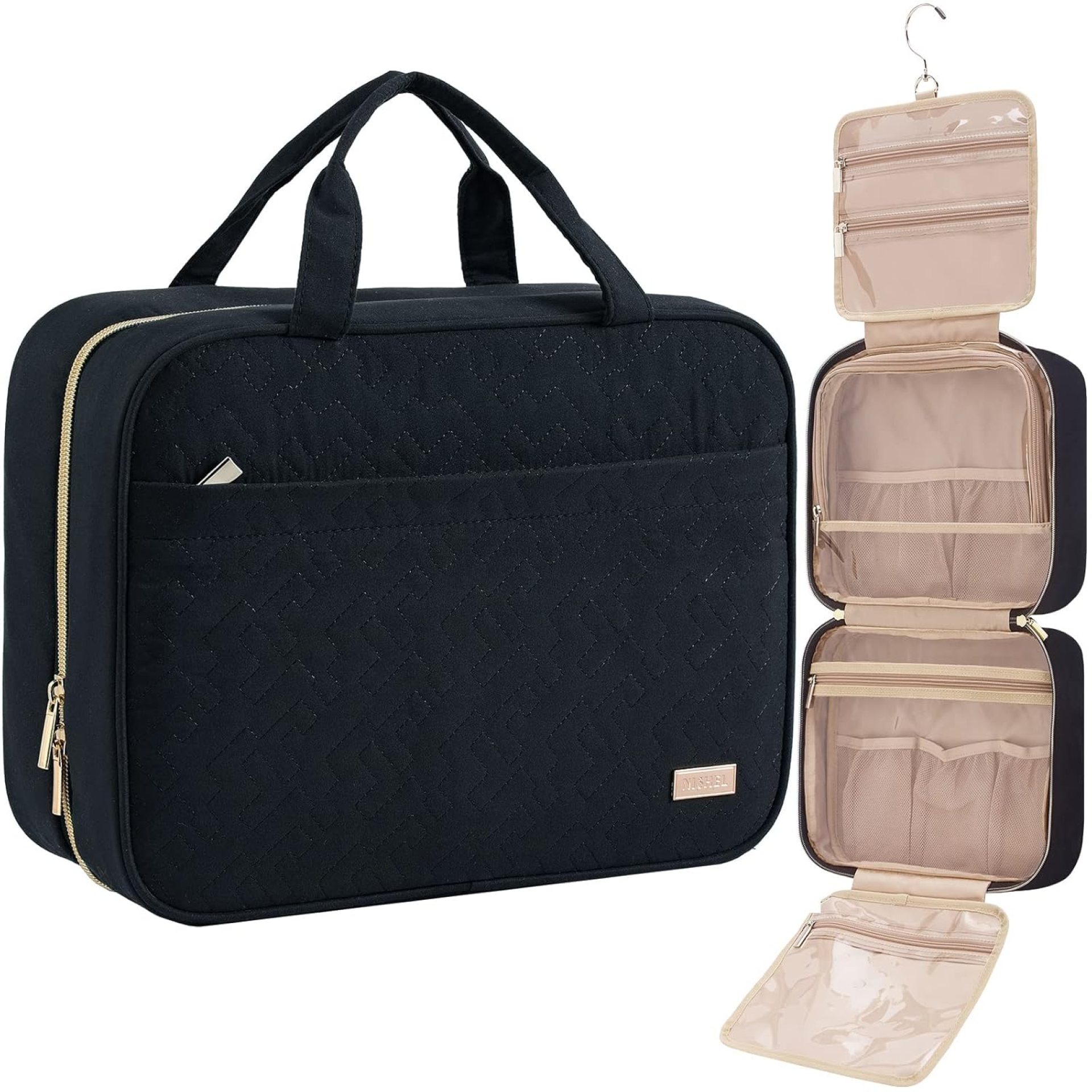 NISHEL Travel Toiletry Bag for women, Portable Hanging Organizer for Full-Sized Shampoo, Conditioner, Brushes Set, Makeup Accessories, Large Size, Black NISHEL Travel Toiletry Bag for women, Portable Hanging Organizer for Full-Sized Shampoo, Conditioner, Brushes Set, Makeup Accessories, Large Size, Black