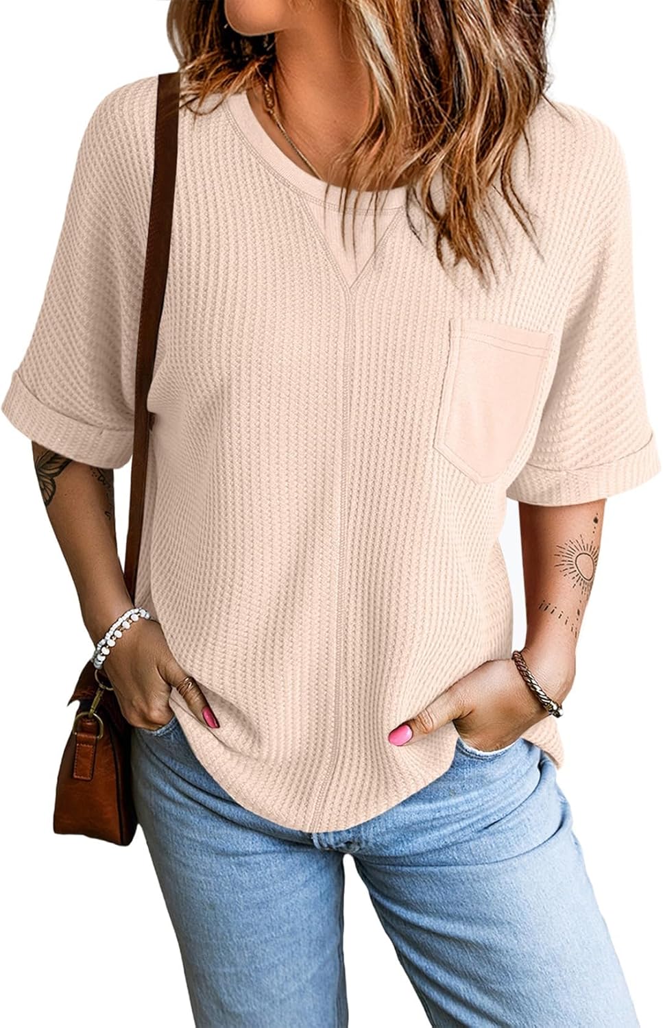 Dokotoo Womens Summer Tops Fashion 2025 Short Sleeve Crewneck Waffle Knit Shirts Casual Oversized Blouses with Pockets Dokotoo Womens Summer Tops Fashion 2025 Short Sleeve Crewneck Waffle Knit Shirts Casual Oversized Blouses with Pockets