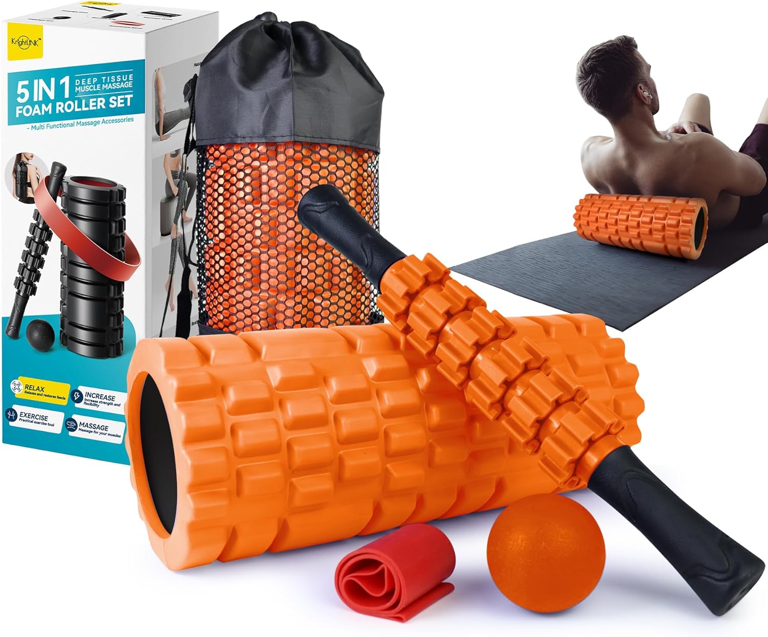 5 in 1 Foam Roller Set for Deep Tissue Muscle Massage, Trigger Point Fitness Exercise Foam Roller, Massage Roller, Massage Ball, Stretching Strap, for Whole Body (Orange Black) 5 in 1 Foam Roller Set for Deep Tissue Muscle Massage, Trigger Point Fitness Exercise Foam Roller, Massage Roller, Massage Ball, Stretching Strap, for Whole Body (Orange Black)