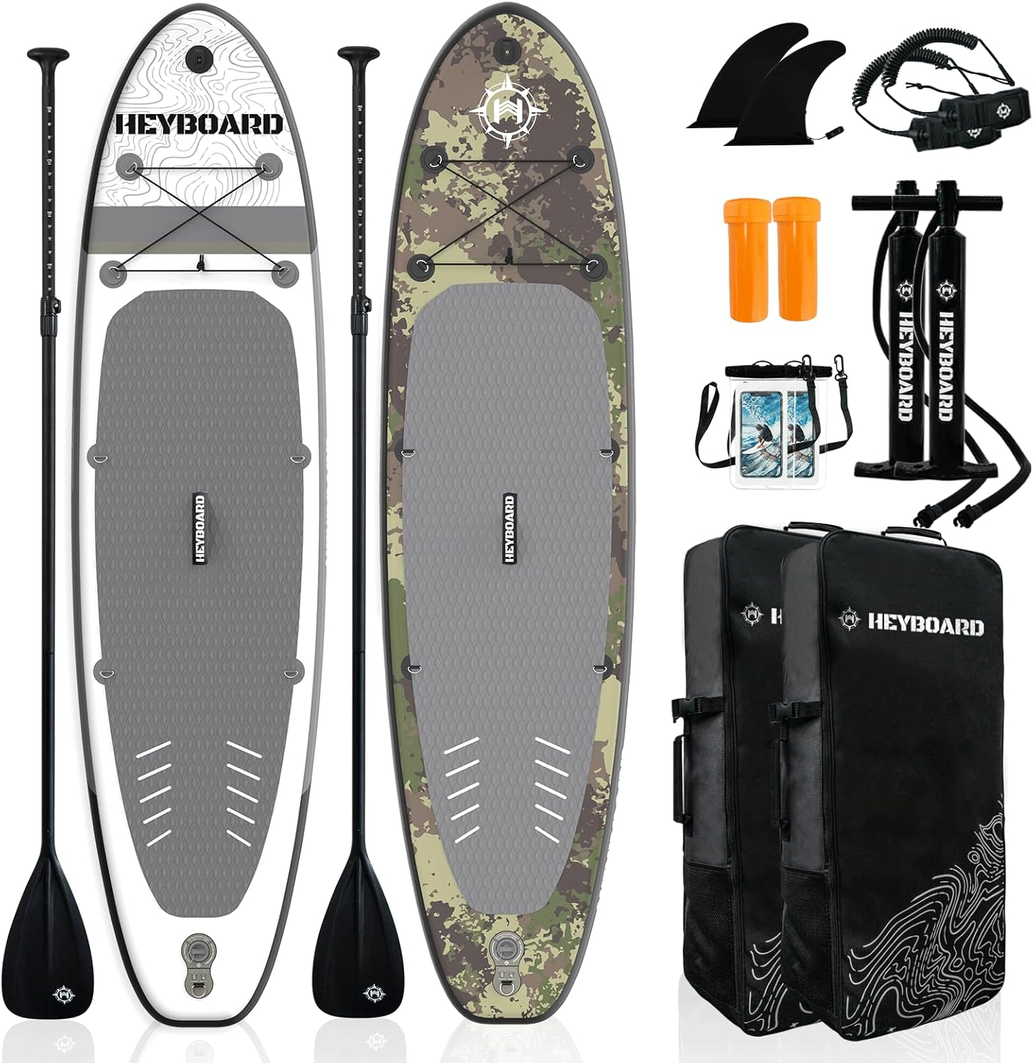 2-Pack HEYBOARD Inflatable Stand Up Paddle Board 10’6″x32″x6″ Camouflage Patterned & Gray Patterned 2-Pack HEYBOARD Inflatable Stand Up Paddle Board 10’6″x32″x6″ Camouflage Patterned & Gray Patterned