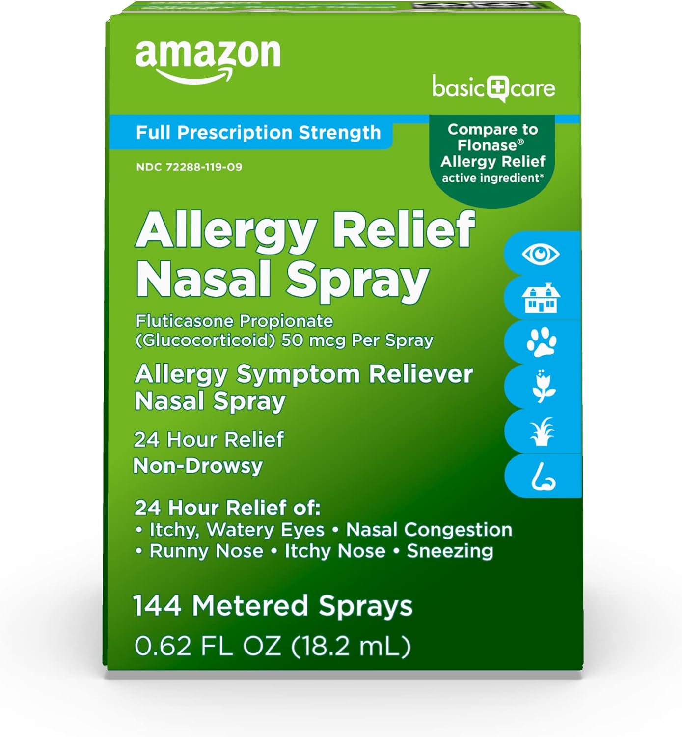 Amazon Basic Care 24-Hour Allergy Relief Nasal Spray, Fluticasone Propionate (Glucocorticoid), 50 mcg, Full Prescription Strength, Non-Drowsy, 0.62 fl oz (Pack of 1) Amazon Basic Care 24-Hour Allergy Relief Nasal Spray, Fluticasone Propionate (Glucocorticoid), 50 mcg, Full Prescription Strength, Non-Drowsy, 0.62 fl oz (Pack of 1)