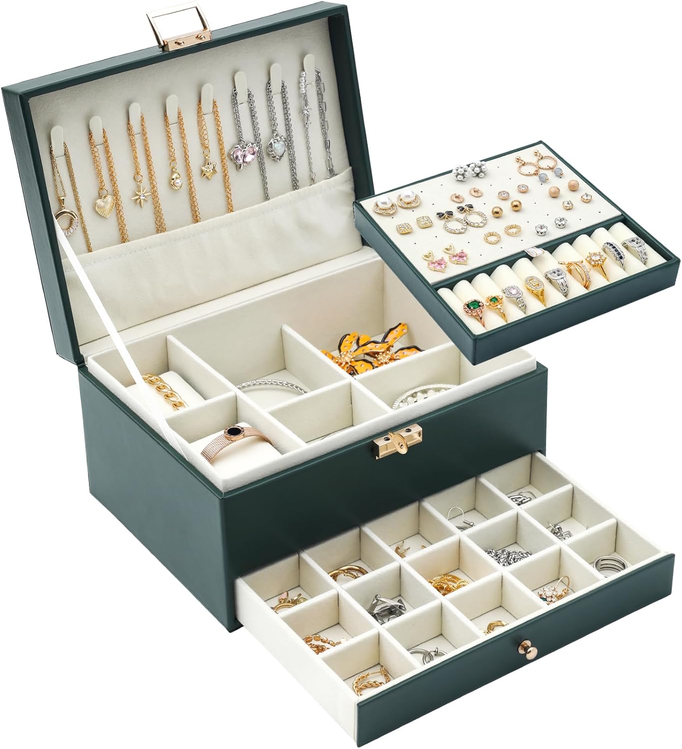 Xilitata Jewelry Box for Women Wife, 3 Layers Jewelry Organizers and Storage Drawer with Removable Pad, Jewelry Storage Case for Necklace Earring Ring Bracelet Watches (Green) Xilitata Jewelry Box for Women Wife, 3 Layers Jewelry Organizers and Storage Drawer with Removable Pad, Jewelry Storage Case for Necklace Earring Ring Bracelet Watches (Green)