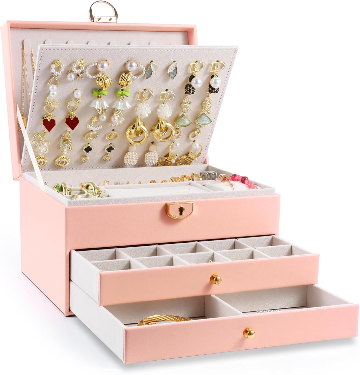 3-Layer Jewelry Box for Women, Jewelry Organizers and Storage with Removable Jewelry Tray, Vintage Quilted Top Lockable Jewelry Holder Gift Idea Pink 3-Layer Jewelry Box for Women, Jewelry Organizers and Storage with Removable Jewelry Tray, Vintage Quilted Top Lockable Jewelry Holder Gift Idea Pink