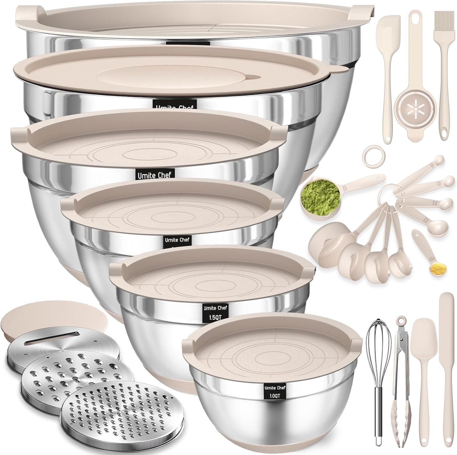Mixing Bowls with Airtight Lids Set, 26PCS Stainless Steel Khaki Bowls with Grater Attachments, Non-Slip Bottoms & Kitchen Gadgets Set, Size 7, 4, 2.5, 2.0,1.5, 1QT, Great for Mixing & Serving Mixing Bowls with Airtight Lids Set, 26PCS Stainless Steel Khaki Bowls with Grater Attachments, Non-Slip Bottoms & Kitchen Gadgets Set, Size 7, 4, 2.5, 2.0,1.5, 1QT, Great for Mixing & Serving