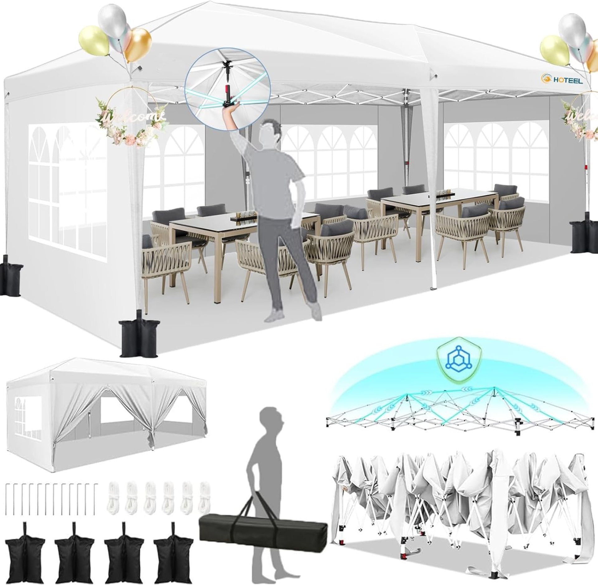 HOTEEL 10×20 Pop Up Canopy with 6 Sidewalls,One-Push Setup Canopy Tent with 8 Windbreak Poles,Waterproof Shade Party Tent 10×20,Outdoor Canopy for Weddings,Camping,Parties,Patios HOTEEL 10×20 Pop Up Canopy with 6 Sidewalls,One-Push Setup Canopy Tent with 8 Windbreak Poles,Waterproof Shade Party Tent 10×20,Outdoor Canopy for Weddings,Camping,Parties,Patios